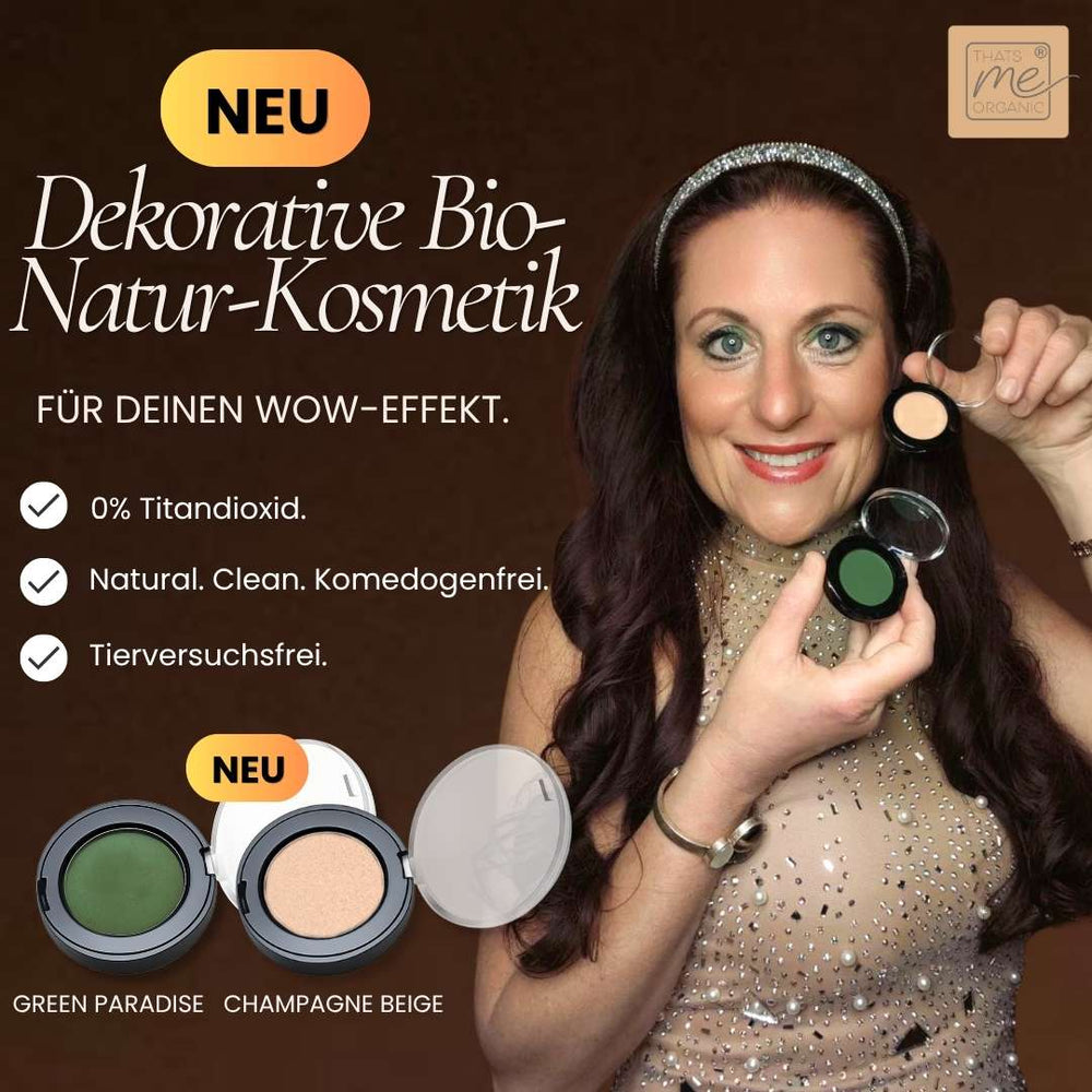 Dekorative Bio Naturkosmetik von Thats me organic für deinen Wow Effekt, Lidschatten in Green Paradise und Champagne Beige, natürlich clean und komedogenfrei ohne Titandioxid