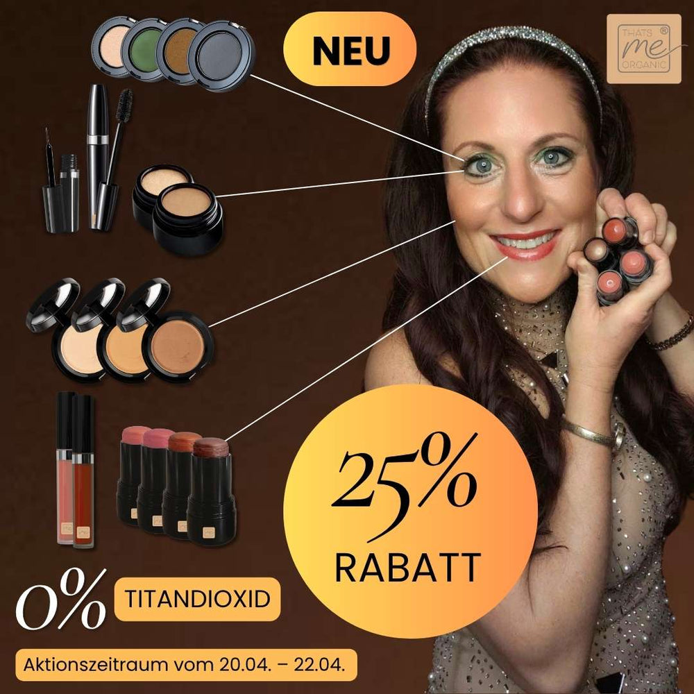 Dekorative Naturkosmetik Komplett Look von Thats me organic mit Lidschatten, Silky Cover Cream, Lipgloss und 3in1 Stick, natürlich und clean ohne Titandioxid, 25 Prozent Rabatt Aktion im Zeitraum