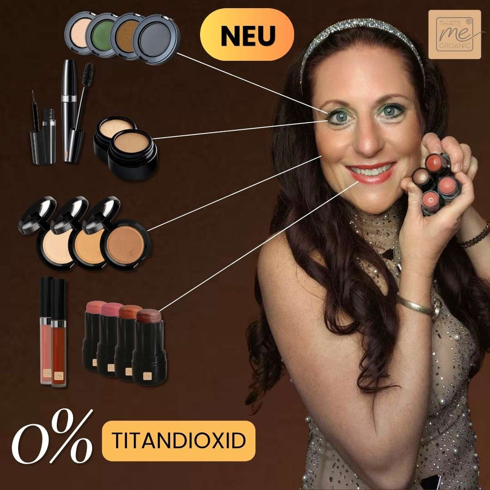 Dekorative Naturkosmetik Komplett Look von Thats me organic mit Lidschatten, Silky Cover Cream, Lipgloss und 3in1 Stick, natürliche und komedogenfreie Produkte ohne Titandioxid für deinen perfekten Look