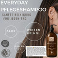 Eine Flasche Thats me organic® Everyday Pflegeshampoo BIO-Shampoo mit Aloe, Weizenkeimöl und Olivenöl neben dem Gesicht einer Frau - ideal für die sanfte natürliche Haarpflege.