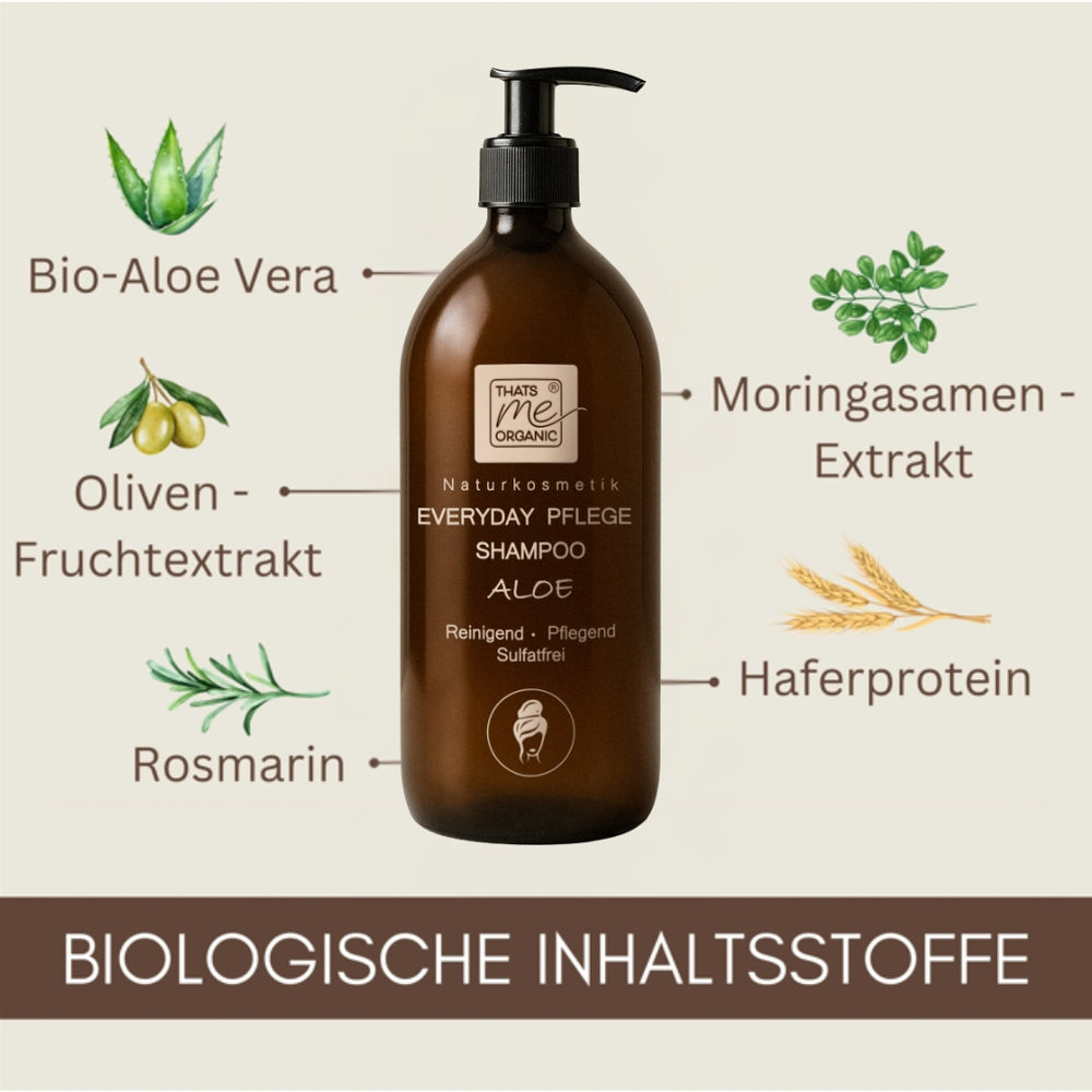 Thats me organic® braune BIO-Shampoo Flasche mit Aloe Vera, Moringa, Olivenfrucht, Haferprotein & Rosmarin Icons. Sulfatfreie und zertifizierte Naturkosmetik für sanfte, natürliche Haarpflege.