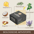 Eine Schachtel Thats me Organic® festes Shampoo wird mit Illustrationen und deutschen Namen der natürlichen Inhaltsstoffe gezeigt, um dieses umweltfreundliche Shampoo hervorzuheben.