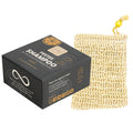 Thats me Organic® Shampoo Bar in schwarzer Schachtel mit beigem Netzbeutel, gelber Kordel und Perle, angereichert mit BIO Arganöl.