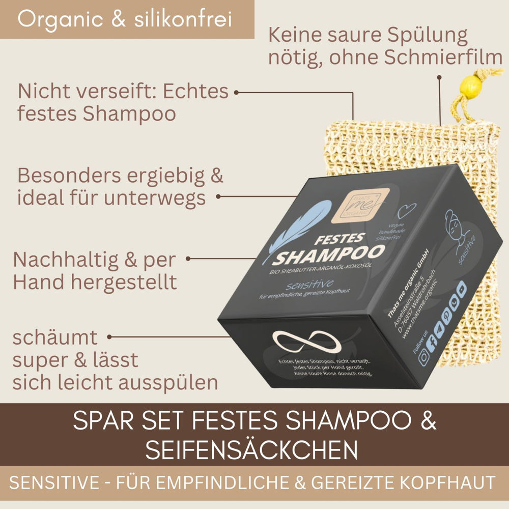 Schwarze Schachtel Thats me Organic® Festes Shampoo mit Netzseifenbeutel, umgeben von deutschem Text, der Vorteile wie biologisch abbaubar und Pflege für sensibles Haar hervorhebt.