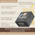 Schwarze Schachtel Thats me Organic® Festes Shampoo mit Netzseifenbeutel, umgeben von deutschem Text, der Vorteile wie biologisch abbaubar und Pflege für sensibles Haar hervorhebt.