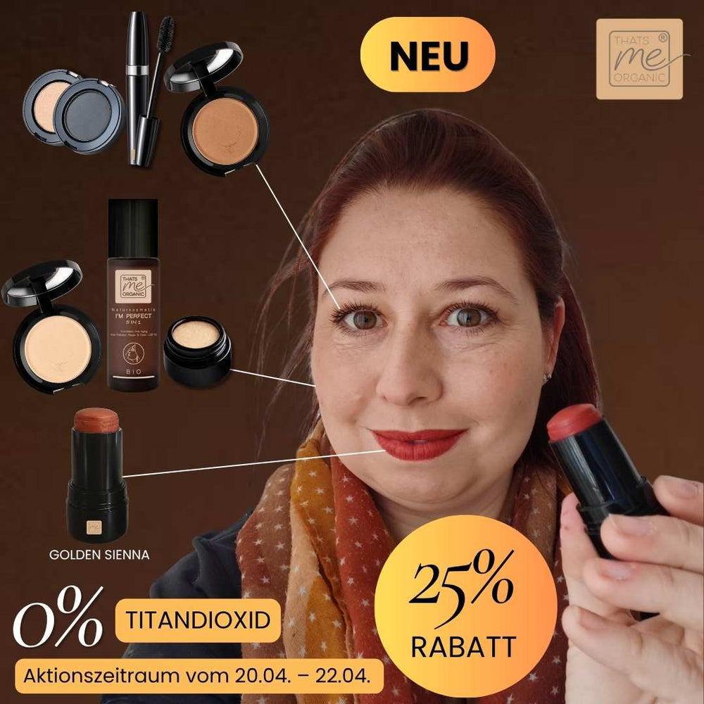 Model zeigt Make up Look mit Golden Sienna Stick, Foundation, Mascara und Lidschatten mit 25 Prozent Rabatt ohne Titandioxid