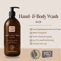 Braune Flasche von Thats me organic® Bio-Hand & Body Wash Flüssigseife mit einer Auflistung der Produktmerkmale daneben auf beigem Hintergrund.