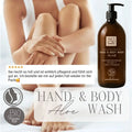 Eine Frau mit gekreuzten Beinen sitzt neben einer Flasche Thats me organic® Bio-Hand & Body Wash Naturkosmetik, die neben einer Kundenbewertung abgebildet ist.