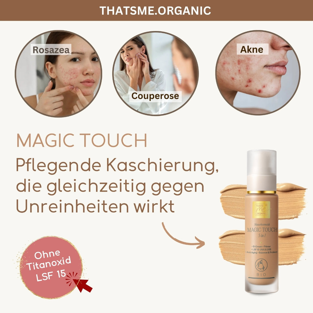 Drei Frauen mit Hautproblemen verwenden Thats me Organic® getönte Tagescreme, eine von der Bio-Naturkosmetik inspirierte getönte Tagescreme, die Unreinheiten pflegend abdeckt.