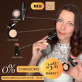 Model zeigt Make up Look mit Peachy Nude Stick, Ivory Powder und Champagne Beige Lidschatten mit 25 Prozent Rabatt ohne Titandioxid