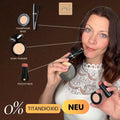 Model zeigt Make up Look mit Peachy Nude Stick, Ivory Powder und Champagne Beige Lidschatten ohne Titandioxid