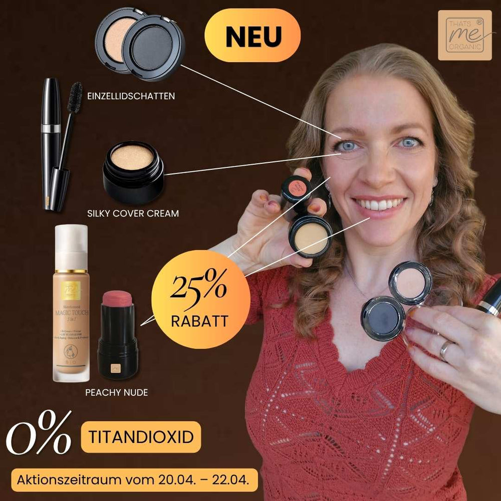 Model zeigt Make up Look mit Peachy Nude Stick, Foundation, Mascara, Einzellidschatten und Silky Cover Cream mit 25 Prozent Rabatt ohne Titandioxid