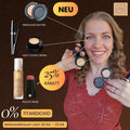 Model zeigt Make up Look mit Peachy Nude Stick, Foundation, Mascara, Einzellidschatten und Silky Cover Cream mit 25 Prozent Rabatt ohne Titandioxid