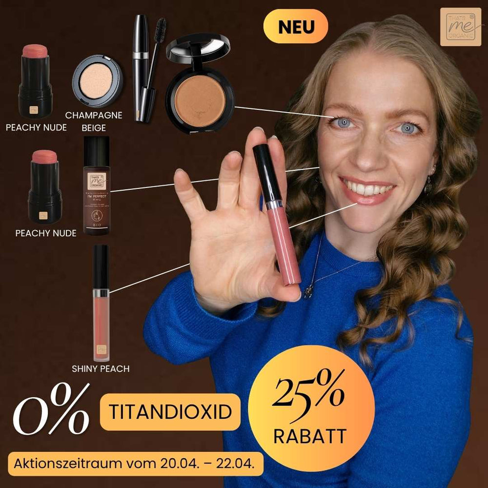 Model zeigt Make up Look mit Peachy Nude Stick, Shiny Peach Lipgloss und Champagne Beige Lidschatten mit 25 Prozent Rabatt ohne Titandioxid