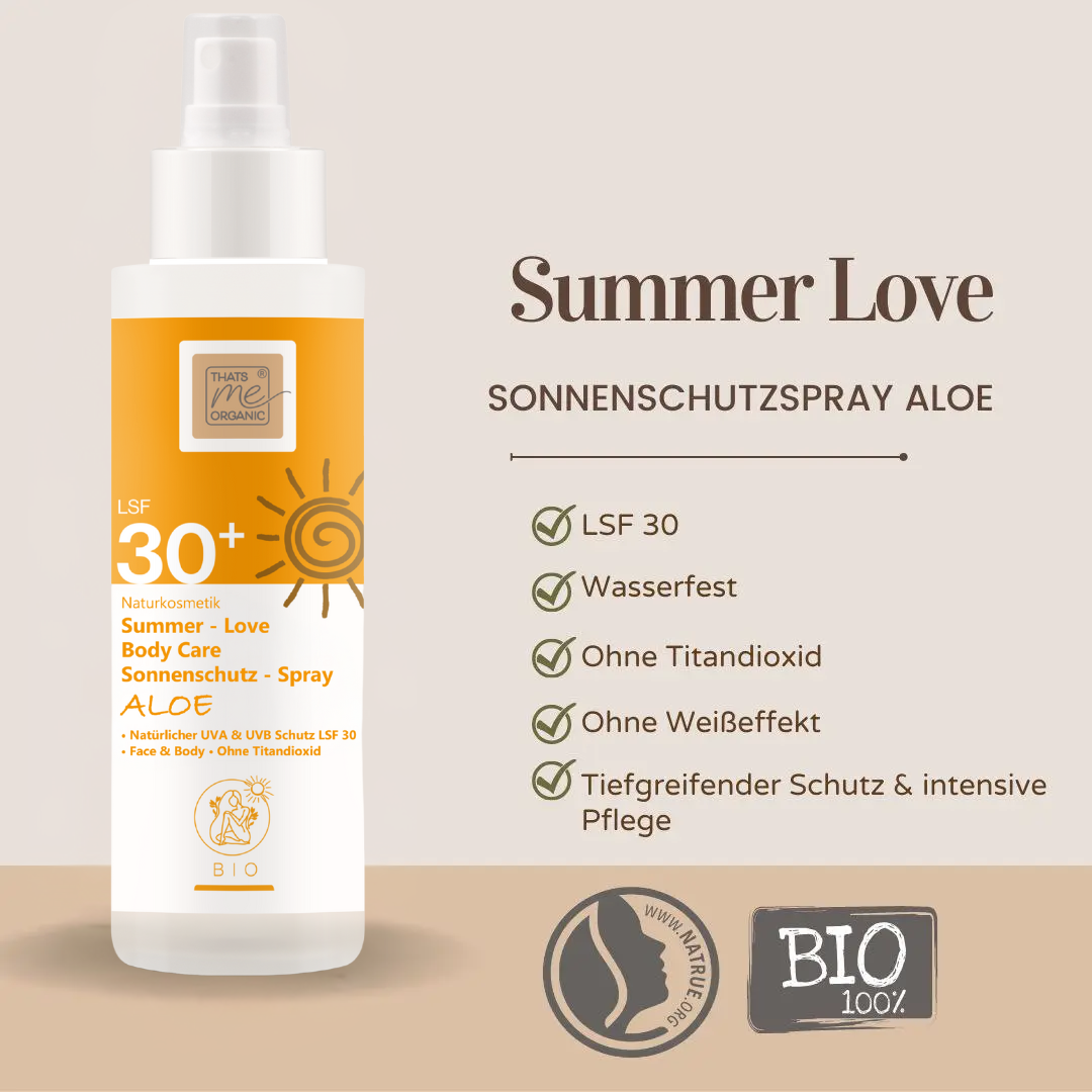 Bio Sonnencreme von Thats me organic mit weiß - gelber Flasche und Lichtschutzfaktor lsf 30+ 