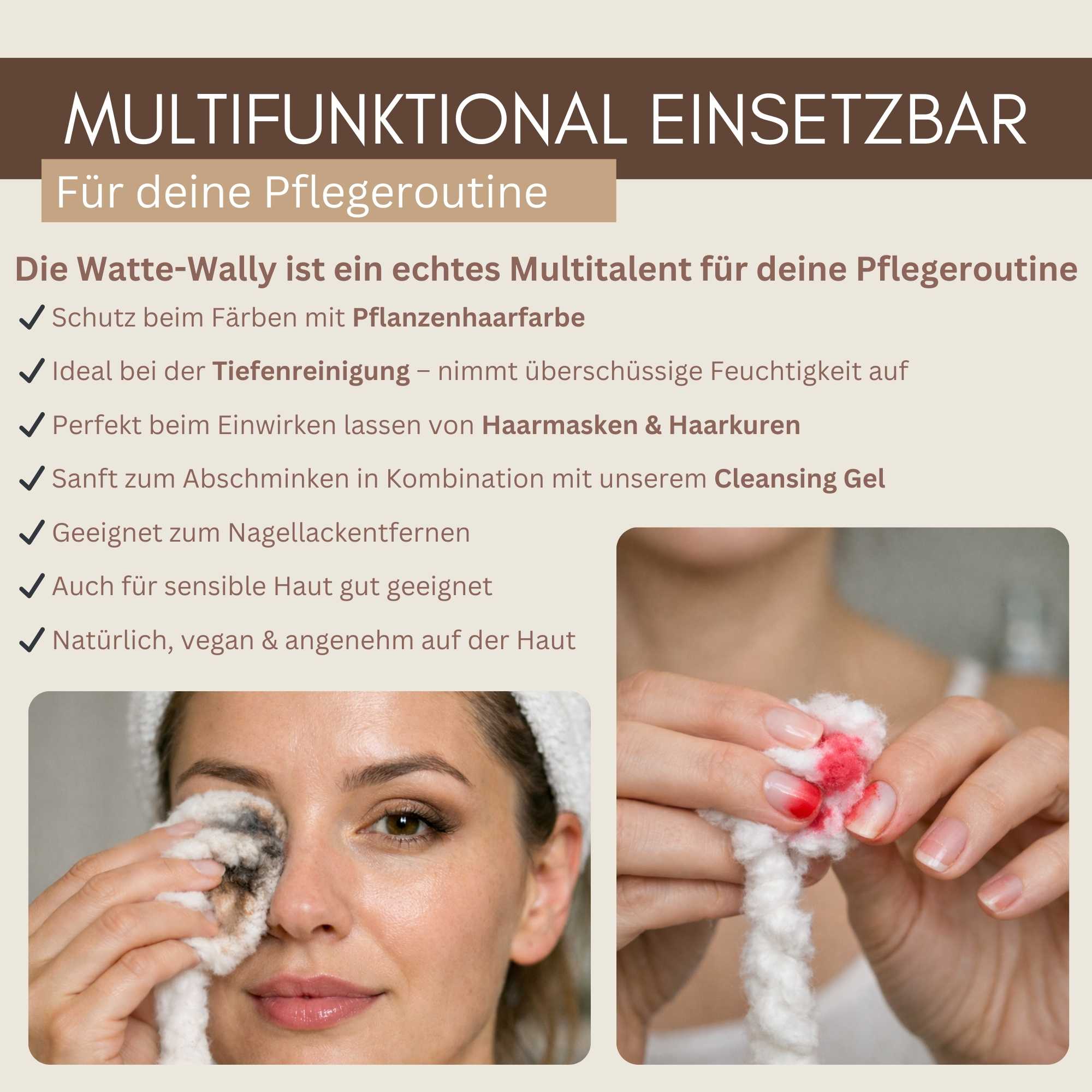 Watte-Wally Watte­schnur zum Abschminken und Entfernen von Nagellack – weich, saugfähig und sanft zur Haut.