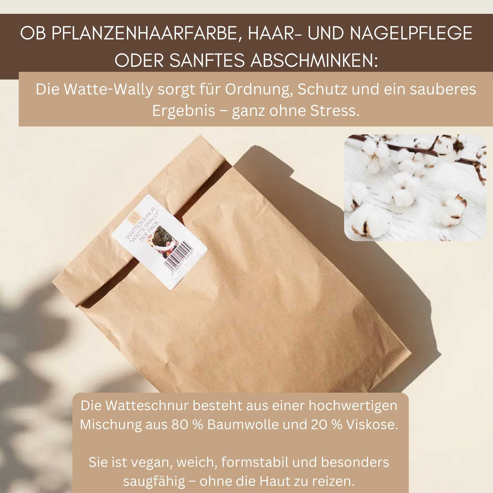 Watte-Wally Watte­schnur in nachhaltiger Papierverpackung – idealer Schutz beim Färben mit Pflanzenhaarfarbe sowie für Haar- und Nagelpflege.