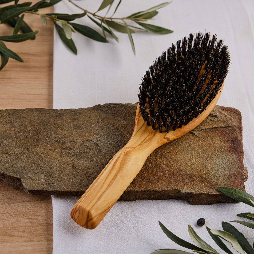 Professional hairbrush classic shape "The Mediterranean" made of olive wood and wild boar bristles
