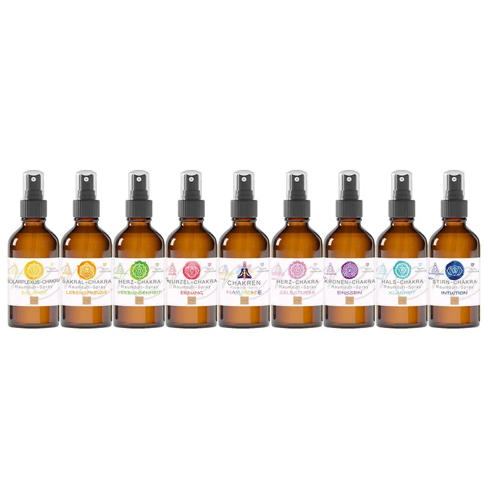 Chakra Aromatherapie Aura-, Raumduft-, Yoga- &  Meditationsspray Set in Geschenkbox + Chakra-Edelstein-Armband – für energetische Balance
