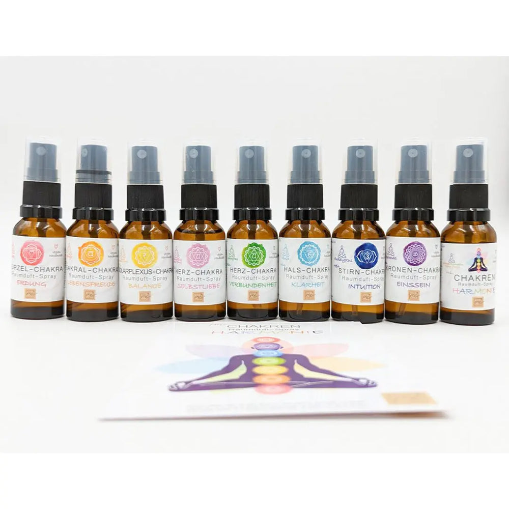 Chakra Aromatherapie Aura-, Raumduft-, Yoga- &  Meditationsspray Set in Geschenkbox + Chakra-Edelstein-Armband – für energetische Balance